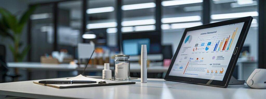 a close-up shot of a modern office workstation displaying a side-by-side comparison of silicone caulking tubes and traditional sealant containers, with a clear infographic illustrating their key performance differences on a sleek digital tablet.