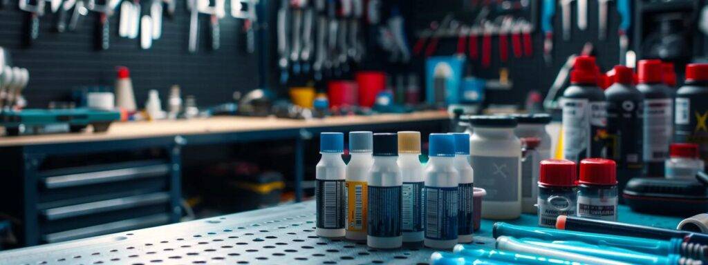 a close-up view of a neatly arranged workbench in a modern workshop, featuring tubes of silicone and acrylic caulk alongside various substrates, highlighting the contrasting textures and surfaces they adhere to.