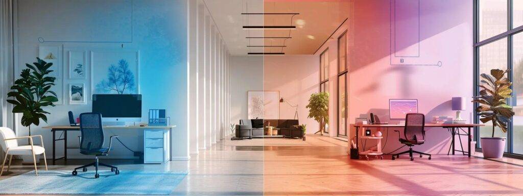 a dynamic office environment showcases a side-by-side comparison of two sealing products, highlighting the superior flexibility and moisture resistance of silicone caulking through vivid visual infographics and engaging displays.