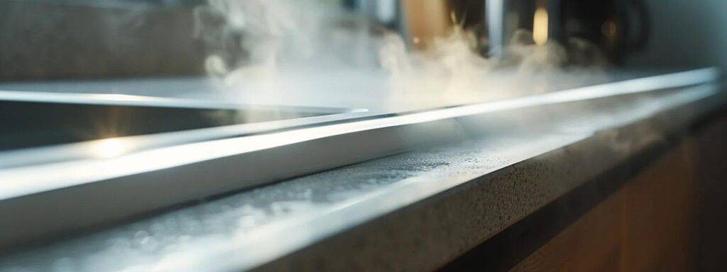 a modern kitchen showcases a close-up of gleaming silicone caulking perfectly sealing the edges around a sleek sink and countertop, emphasising its waterproof and flexible properties in a high-usage environment.