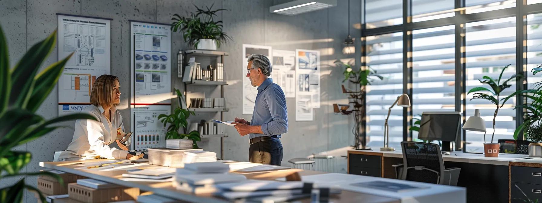 a polished office setting showcases a professional discussing waterproofing service options with a client, surrounded by detailed project plans and high-quality samples, under bright, focused lighting that highlights the urgency of decision-making.