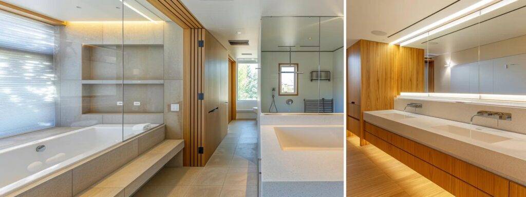 a sleek, modern bathroom featuring meticulously applied caulk along the tub edge and sink, highlighting the robust waterproofing properties of silicone and acrylic caulking in a stylish, moisture-prone environment.