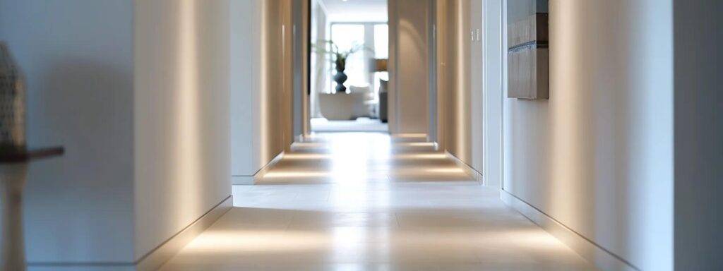 a sleek, modern home interior showcases freshly caulked seams along pristine wall edges, highlighting the contrasting finishes of smooth acrylic latex against the rich, painted surfaces in a well-lit, contemporary room.