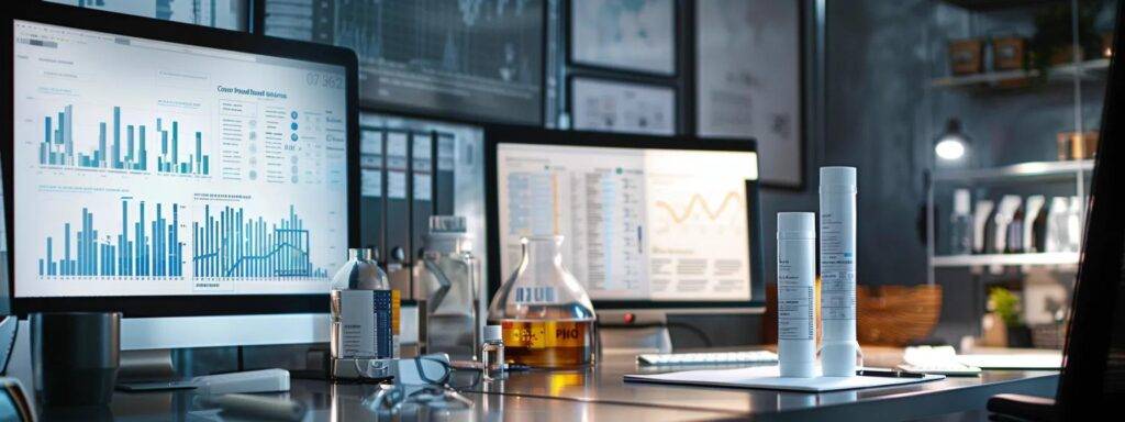 a sleek, modern office workspace features two contrasting caulk tubes, one silicone and one acrylic latex, prominently displayed on a polished desk surrounded by an array of analytical charts and performance metrics, highlighting their distinct properties and applications for home repairs.