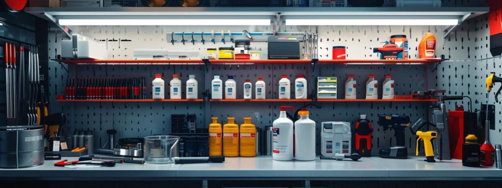 a sleek, modern workshop featuring neatly arranged tubes of silicone and acrylic latex caulk, with colour-coded labels, surrounded by tools and repair materials on a polished workbench, highlighting the importance of selecting the right caulking for various home repair applications.