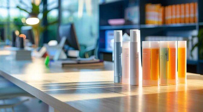 a sleek office workspace showcases an array of premium silicone caulking tubes neatly arranged on a polished countertop, illuminated by focused task lighting, emphasising the vibrant colours and user-friendly packaging of each brand.